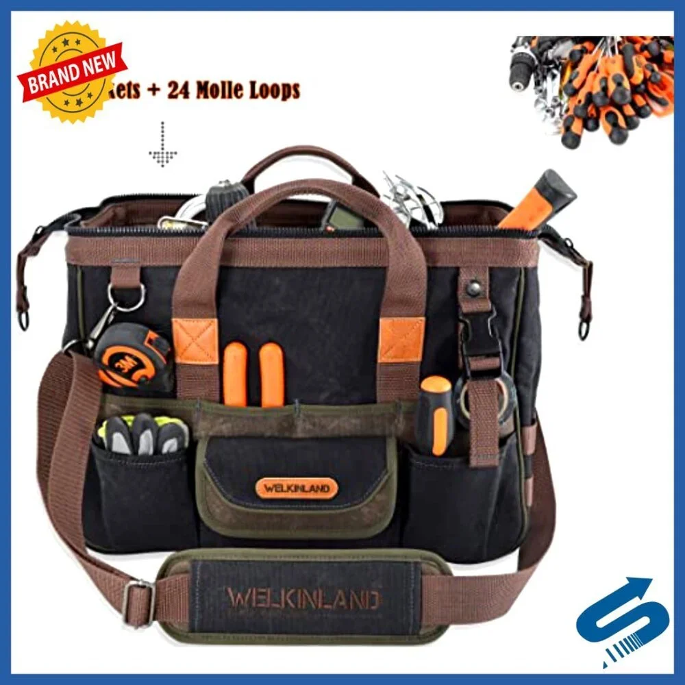 Heavy-Duty Waxed Canvas Tool Bag with 32 Pockets for Electrician HVAC